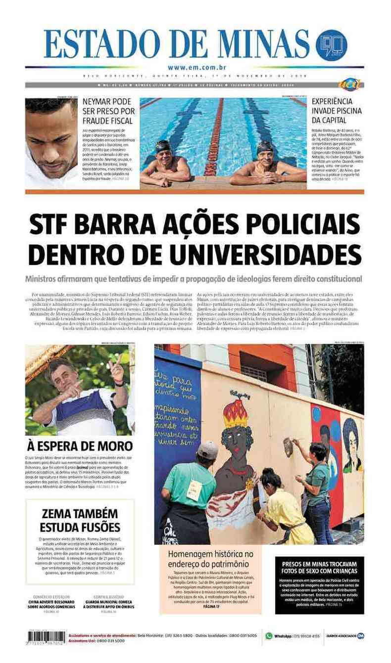 Confira a Capa do Jornal Estado de Minas do dia 02/11/2018(foto: Estado de Minas)