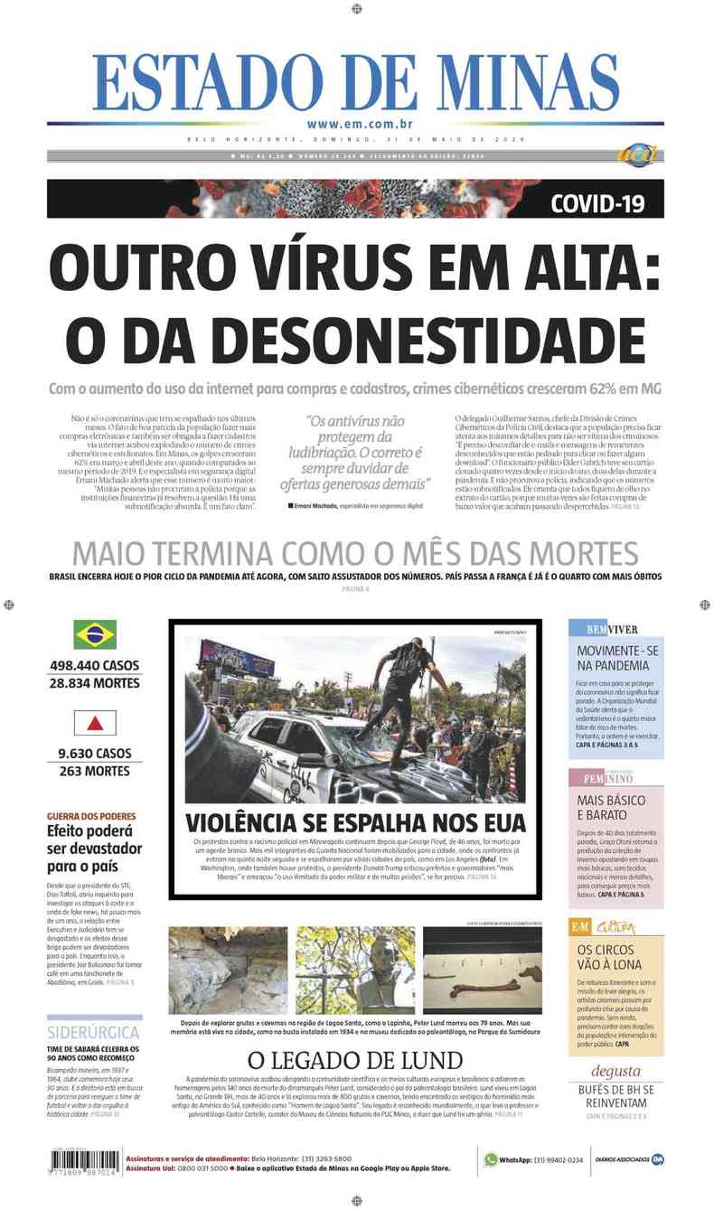 Confira a Capa do Jornal Estado de Minas do dia 31/05/2020(foto: Estado de Minas)
