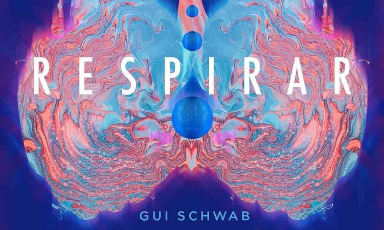 Ilustrao de um pulmo, na cor rosa, sobre fundo azul na capa do single Respirar, de Guilherme Schwab