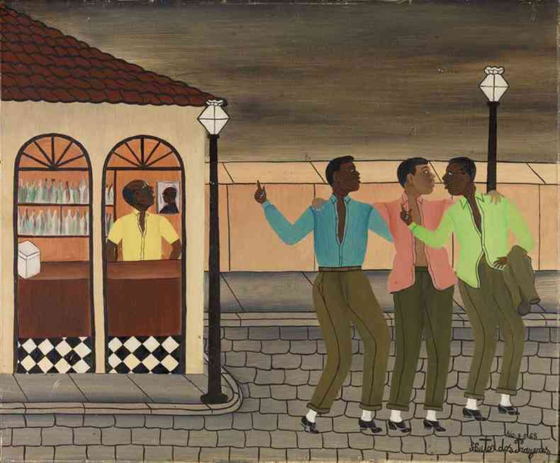 Homens negros na rua e dentro de um bar em pintura de Heitor dos Prazeres