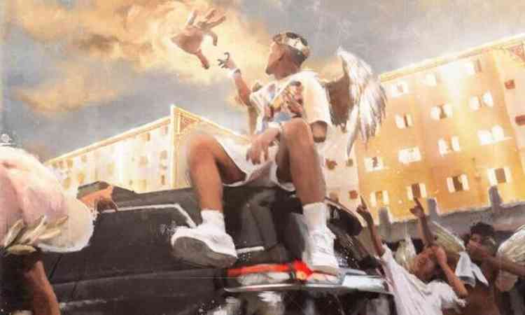 Capa do album do rapper Veigh traz rapaz vestido de anjo sentado sobre carro, com braos erguidos e tocando a mo nos dedos de Deus. Ao fundo, veem-se prdios da Cohab ao fundo 