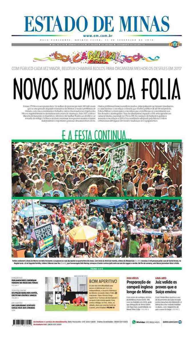 Confira a Capa do Jornal Estado de Minas do dia 11/02/2016