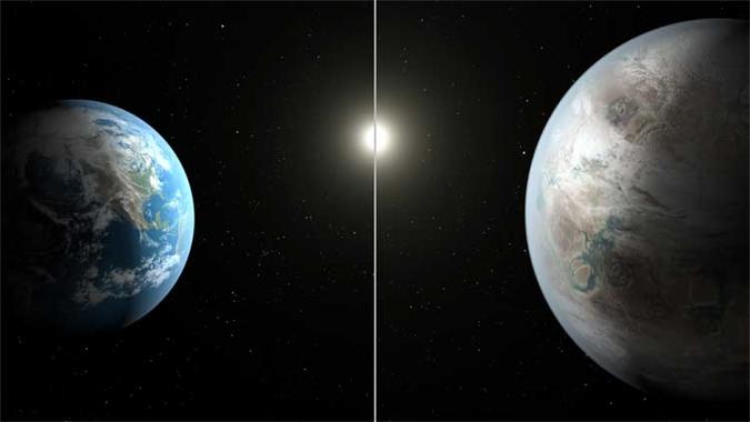 Imagens da Nasa comparam a Terra com o novo planeta fotografado pelo telescópio espacial Kepler, batizado Kepler452b (foto: AFP PHOTO/NASA/JPL-CALTECH/T.PYLE ) Imagens da Nasa comparam a Terra com o novo planeta fotografado pelo telescópio espacial Kepler, batizado Kepler452b (foto: AFP PHOTO/NASA/JPL-CALTECH/T.PYLE )