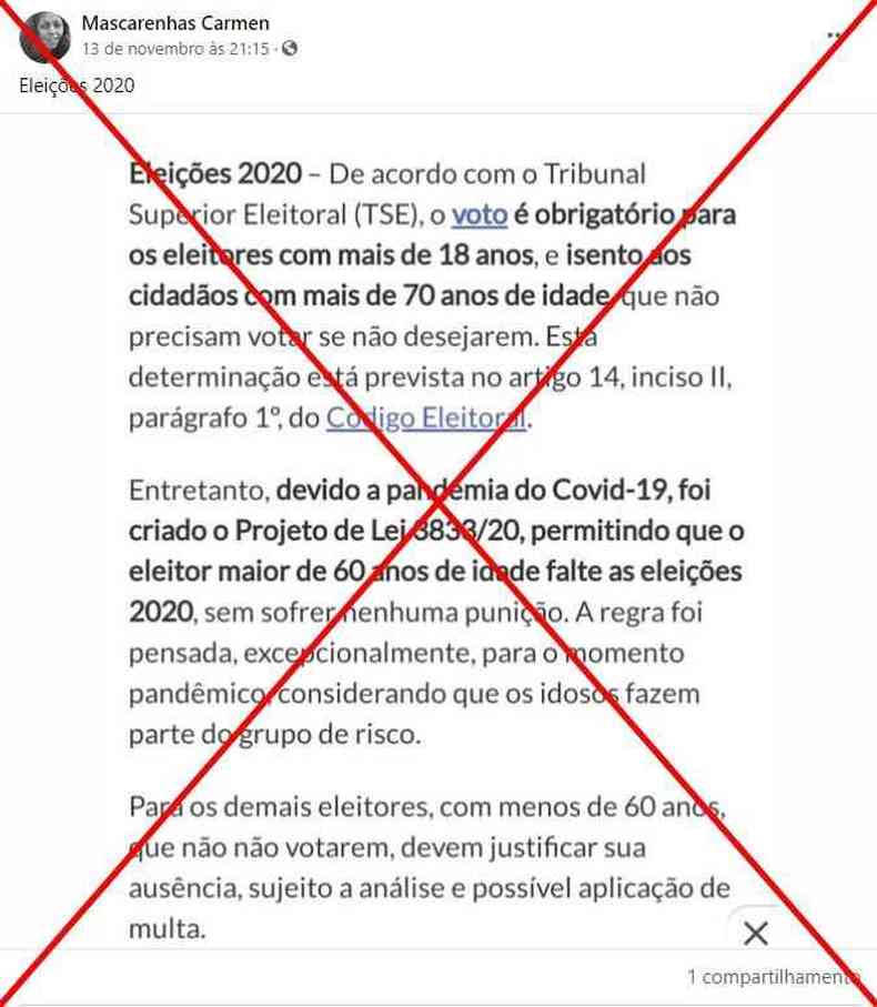 Captura de tela feita em 15 de novembro de 2020 de uma publicao no Facebook