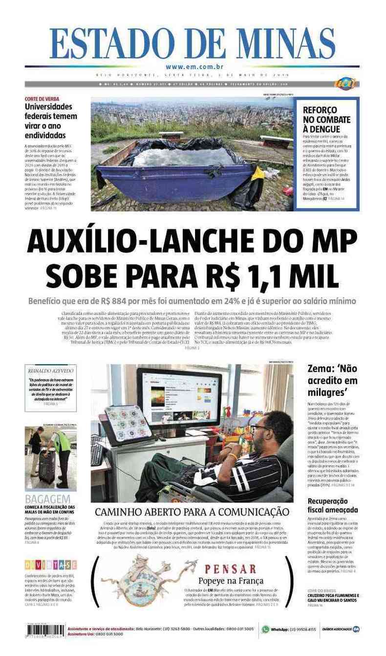 Confira a Capa do Jornal Estado de Minas do dia 03/05/2019(foto: Estado de Minas)