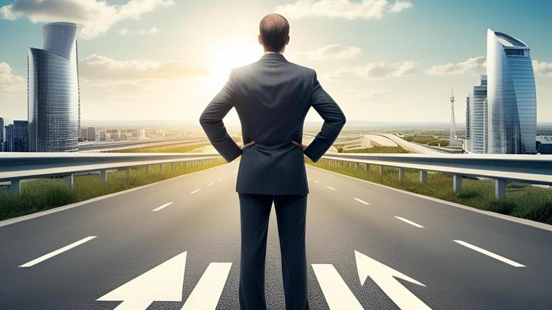 Se um franqueado acredita que seu negócio vai fracassar, ele inconscientemente começa a agir de forma que torne isso realidade. Ele desiste de buscar soluções, não investe em inovação e perde o entusiasmo - levando seus clientes a perceberem essa mudança e se afastarem.(foto: Canva AI) Homem de terno caminhando em uma estrada de asfalto, rumo ao por do sol.