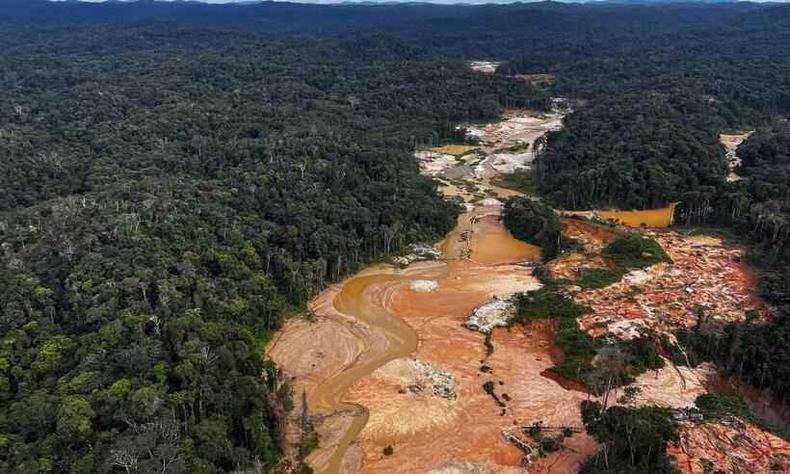 Vista area de garimpo em terra Yanomami, em Roraima