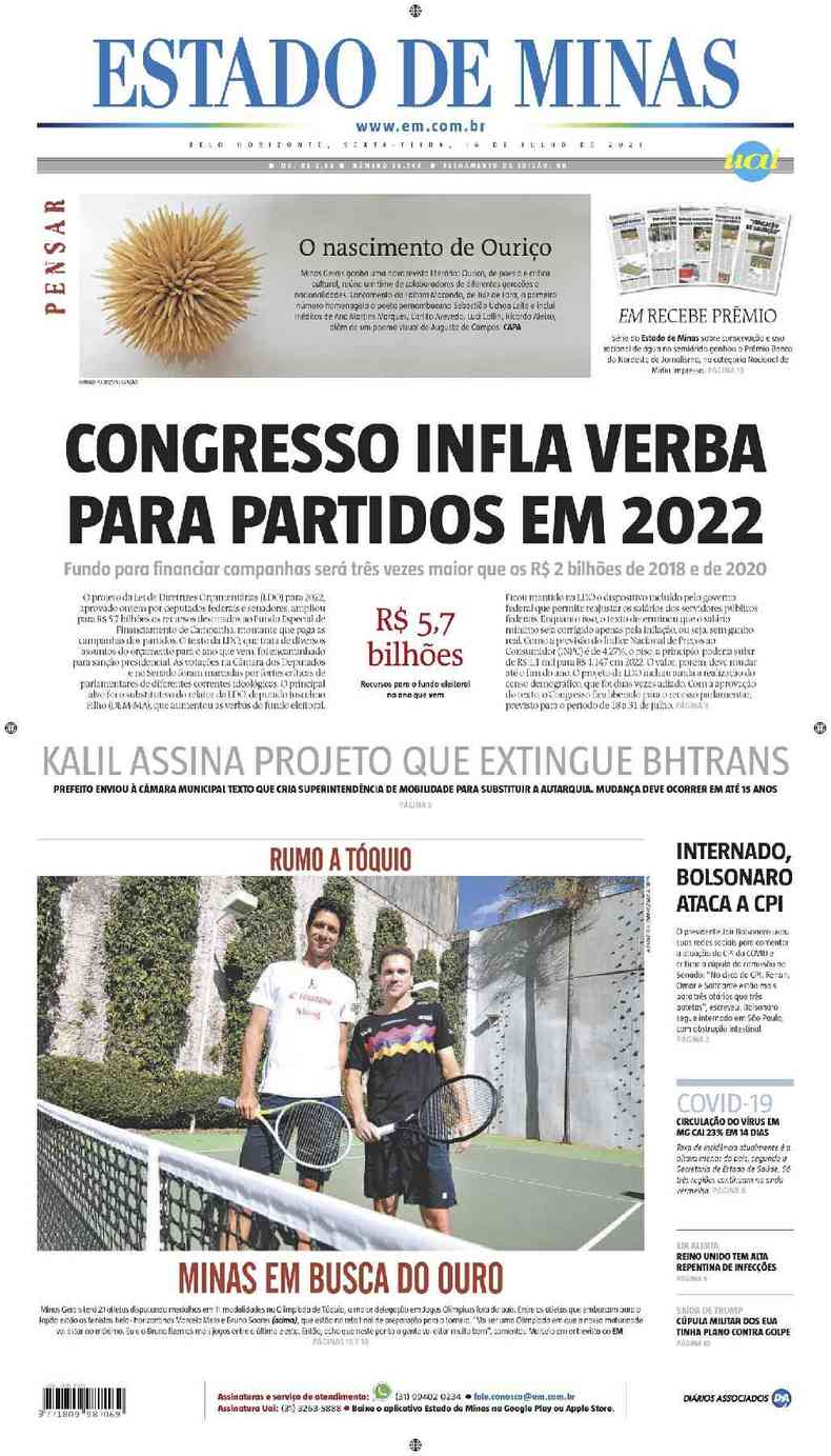 Confira a Capa do Jornal Estado de Minas do dia 16/07/2021(foto: Estado de Minas)
