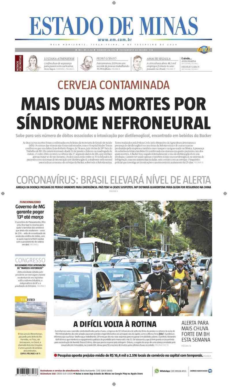 Confira a Capa do Jornal Estado de Minas do dia 04/02/2020(foto: Estado de Minas)