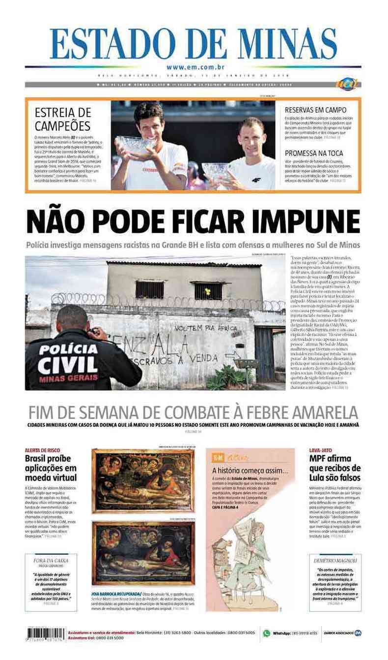 Confira a Capa do Jornal Estado de Minas do dia 13/01/2018