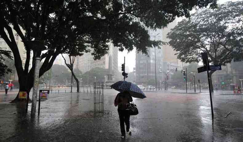 Chuva em Belo Horizonte, mulher caminha com guarda-chuva 