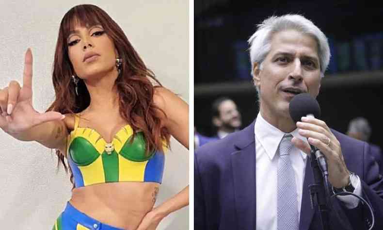 Montagem de fotos: Anitta, com roupa das cores da bandeira brasileira, e Molon fala ao microfone no plenrio da Cmara