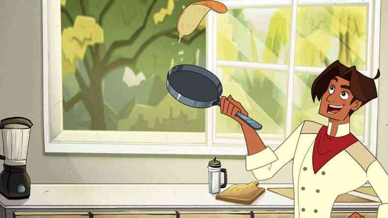 Cena de filme de animao mostra chef segurando frigideira