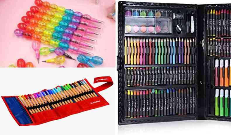 Montagem de fotos mostra a maleta com dezenas de canetas e lapiseiras coloridas 