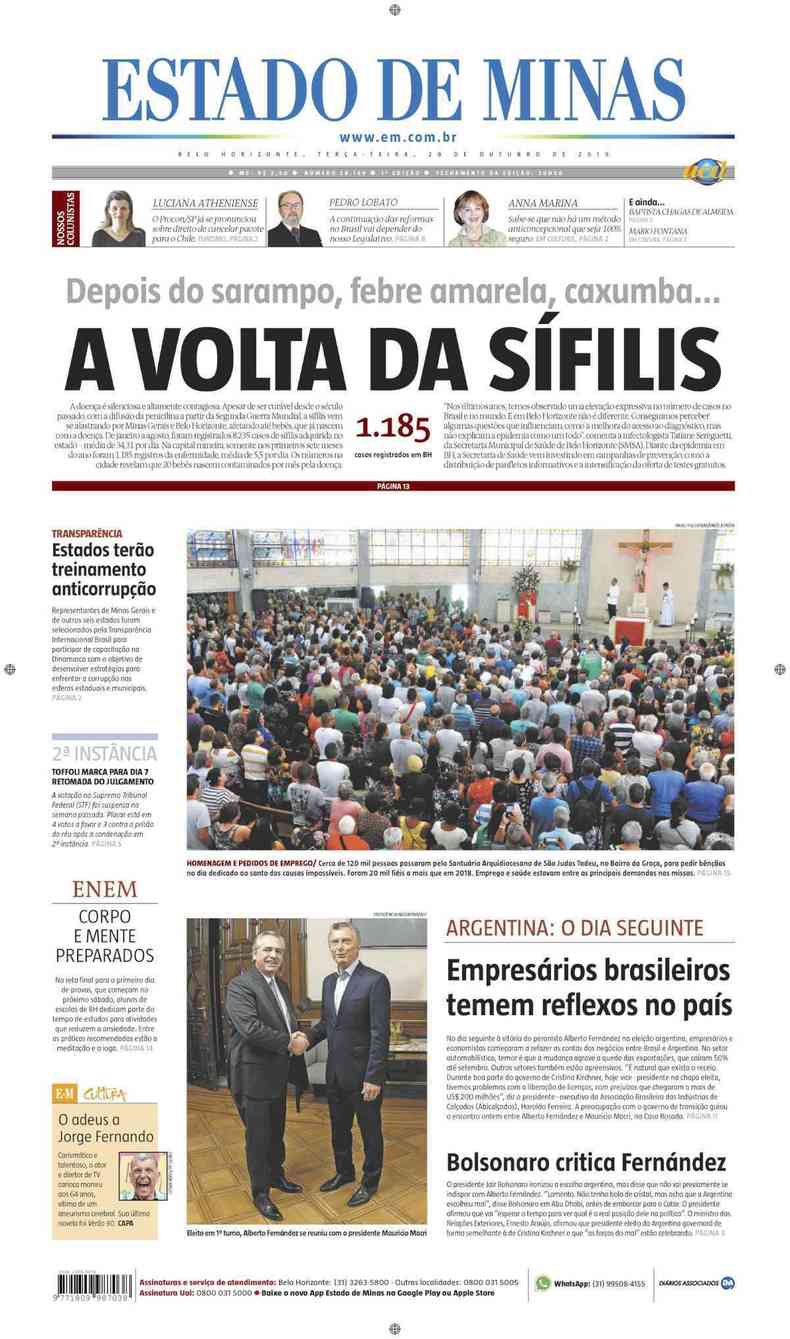 Confira a Capa do Jornal Estado de Minas do dia 29/10/2019(foto: Estado de Minas)