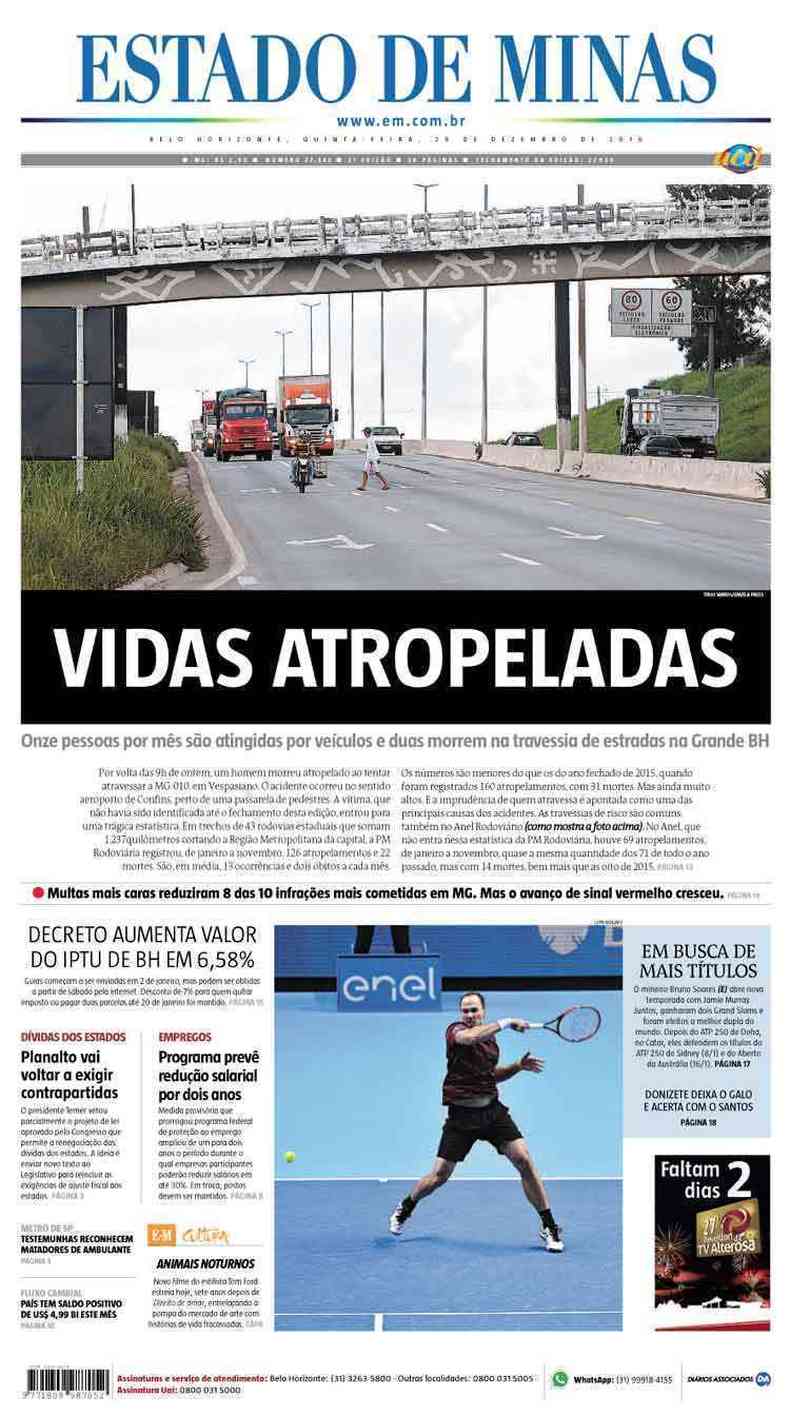 Confira a Capa do Jornal Estado de Minas do dia 29/12/2016
