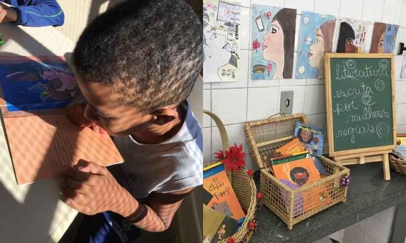 Montagem com duas imagens:  esquerda, h um menino negro de cabelos curtos lendo um livro de pginas laranja;  direita, um quadro onde se l 'Literatura Escrita por Mulheres Negras' ao lado de uma cesta com vrios livros infantis.