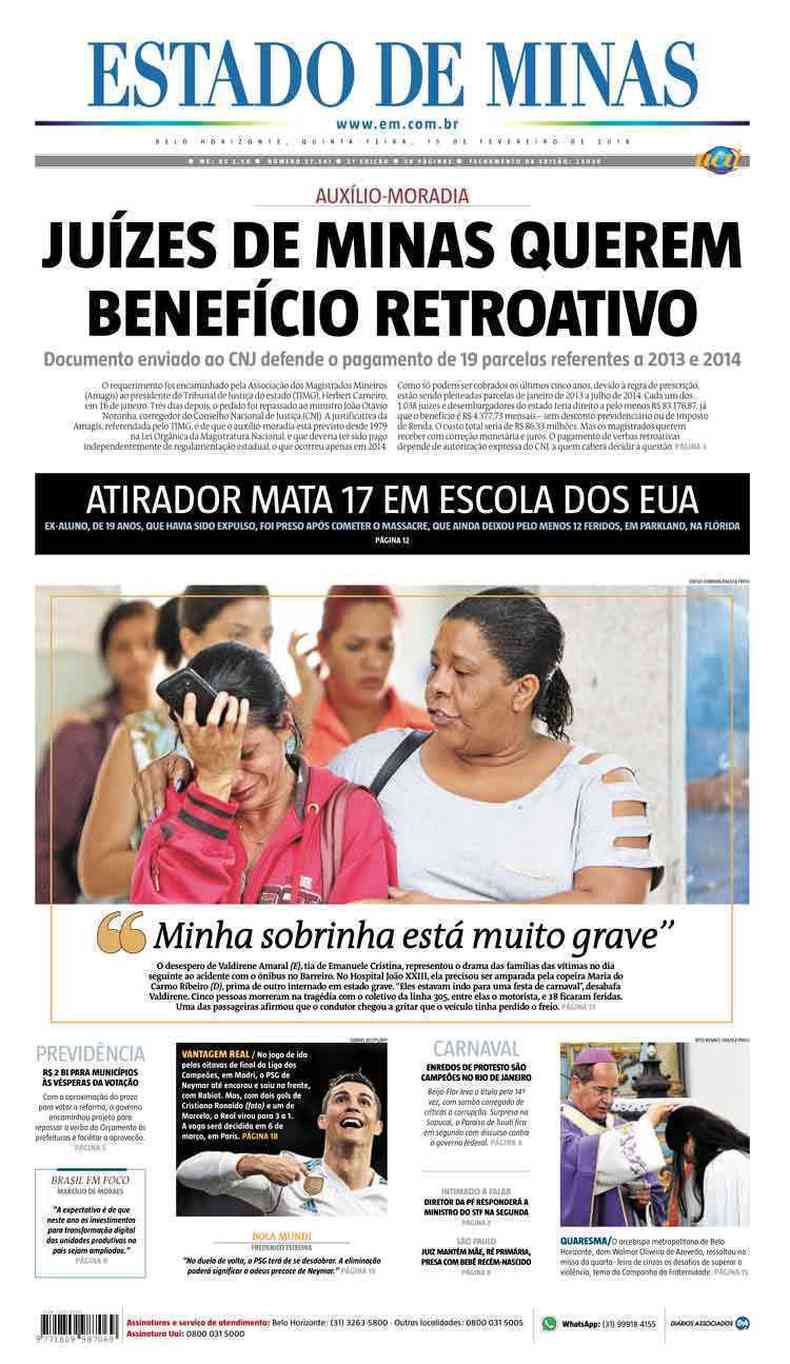 Confira a Capa do Jornal Estado de Minas do dia 15/02/2018