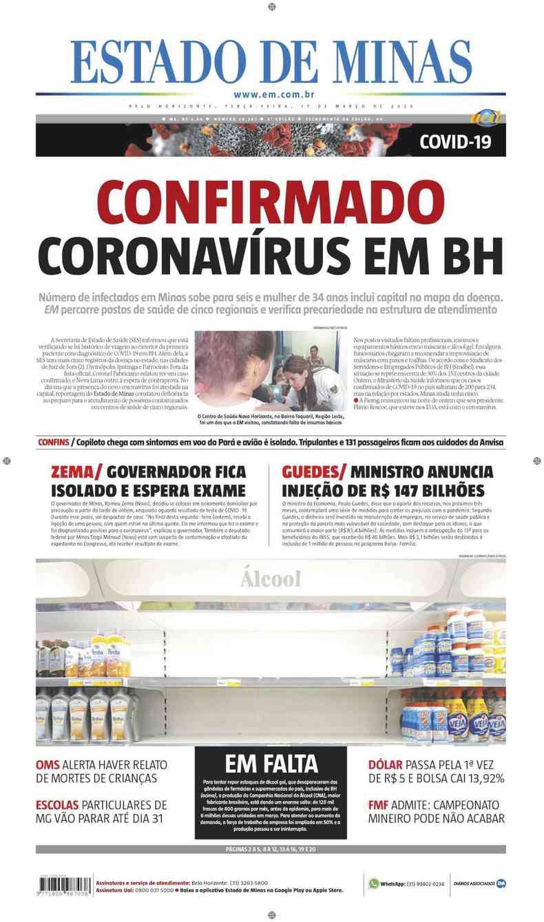Confira a Capa do Jornal Estado de Minas do dia 17/03/2020(foto: Estado de Minas)