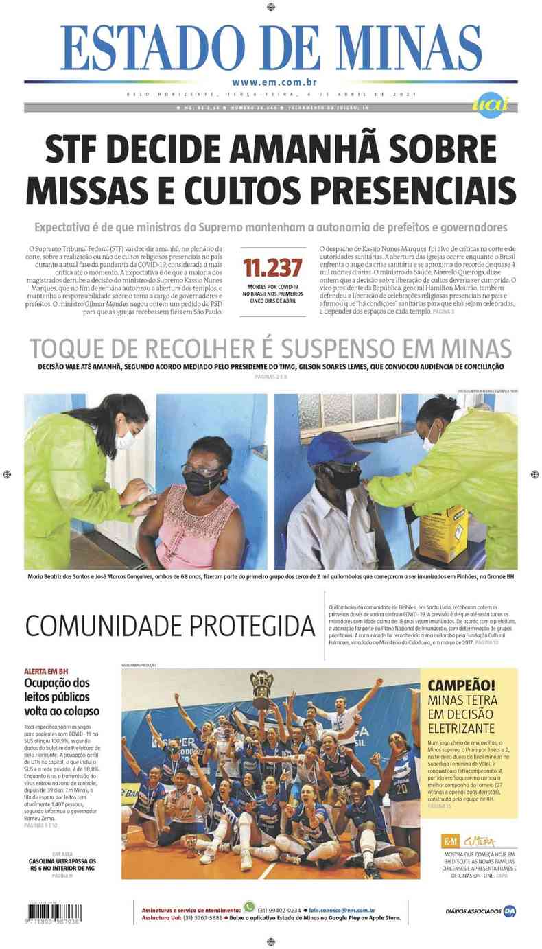 Confira a Capa do Jornal Estado de Minas do dia 06/04/2021(foto: Estado de Minas)