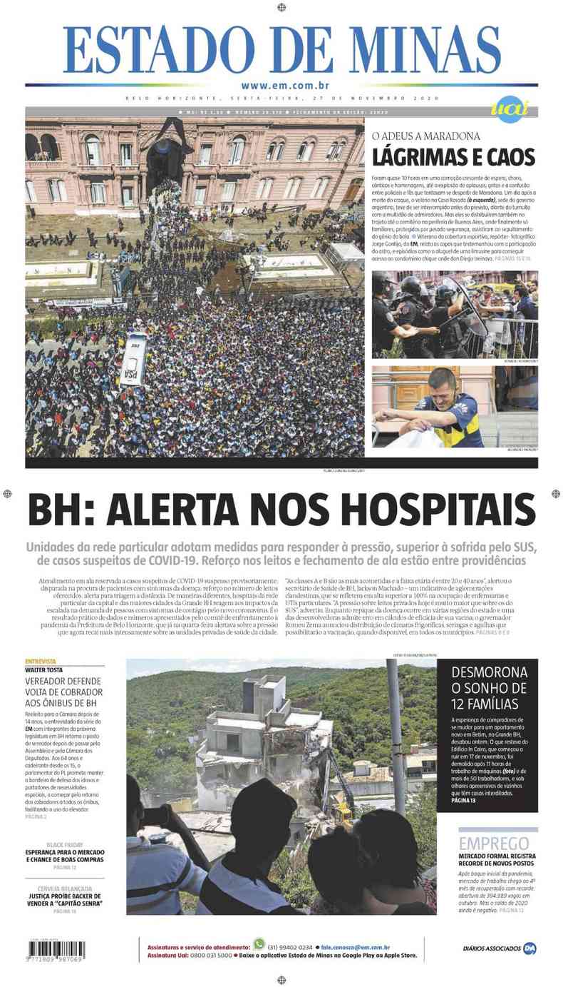 Confira a Capa do Jornal Estado de Minas do dia 27/11/2020(foto: Estado de Minas)