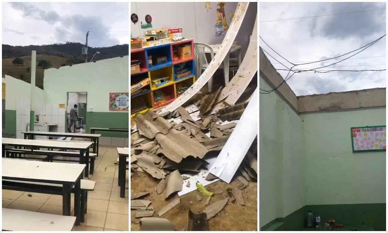 Temporal retirou todo o telhado do refeitrio, da sala dos professores e da cozinha na Escola Municipal Monteiro Lobato, em Crrego do Melquades, distrito de Governador Valadares