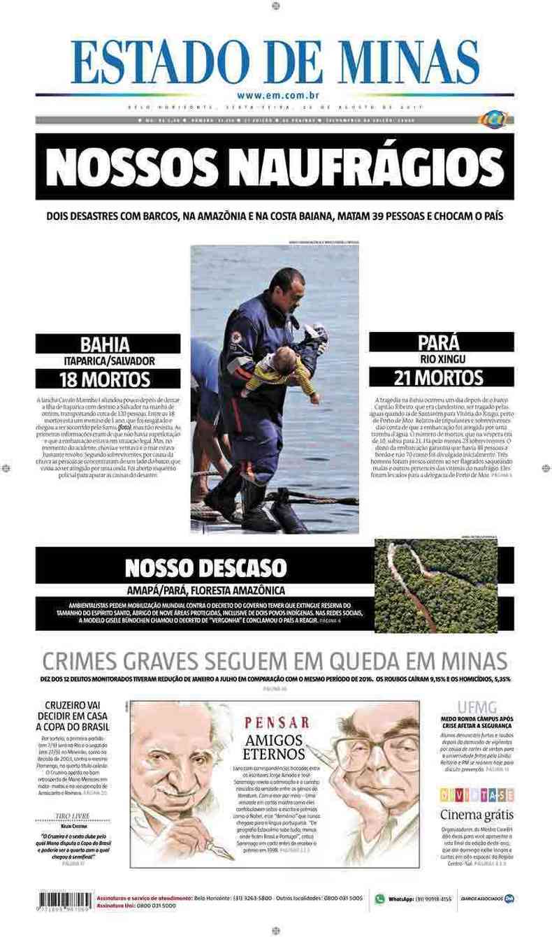 Confira a Capa do Jornal Estado de Minas do dia 25/08/2017
