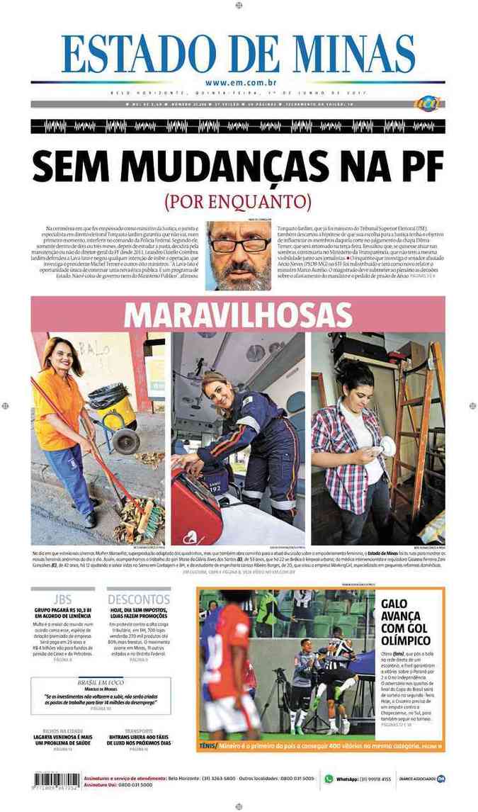 Confira a Capa do Jornal Estado de Minas do dia 01/06/2017