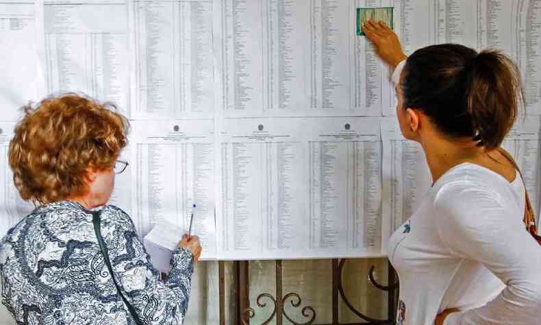 As mulheres verificam o registro eleitoral antes de votar durante as eleies gerais, em So Paulo, Brasil, em 7 de outubro de 2018