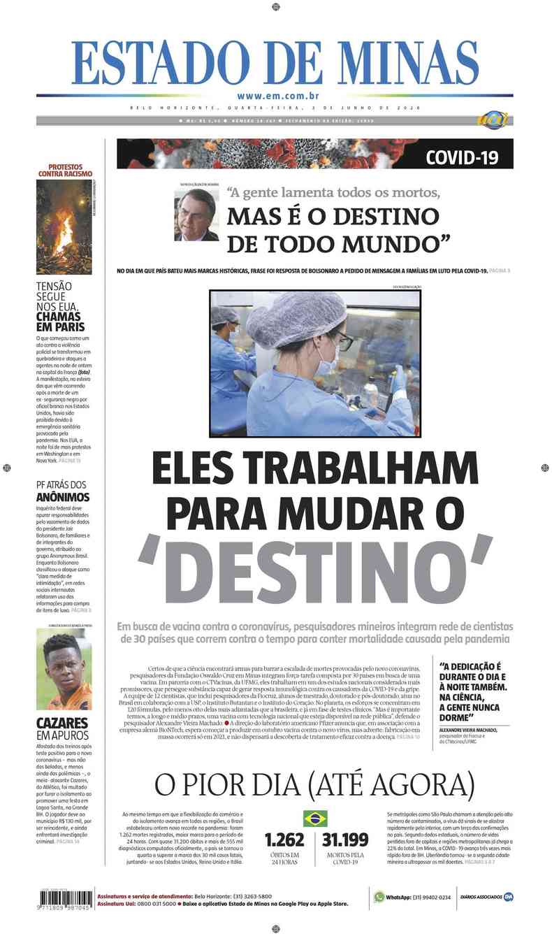 Confira a Capa do Jornal Estado de Minas do dia 03/06/2020(foto: Estado de Minas)