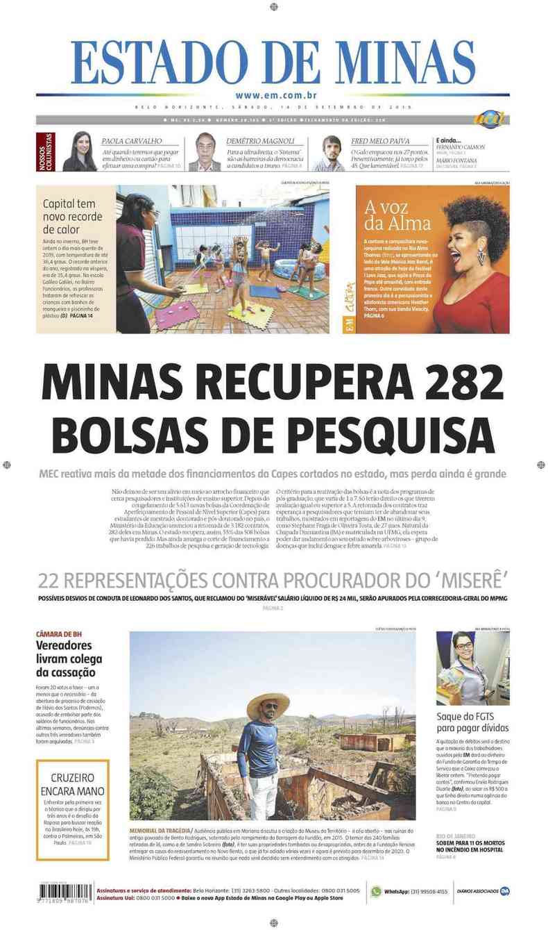 Confira a Capa do Jornal Estado de Minas do dia 14/09/2019(foto: Estado de Minas)