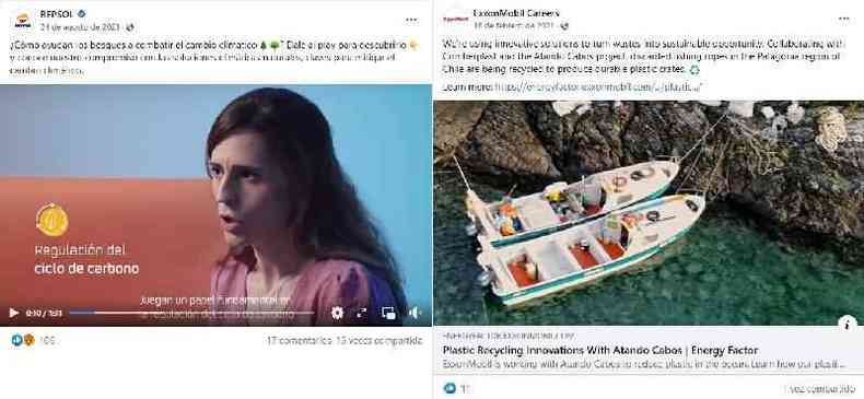 Capturas de tela de publicaes no Facebook da Repsol (esq.) e da ExxonMobil, realizadas em 8 de julho de 2022
