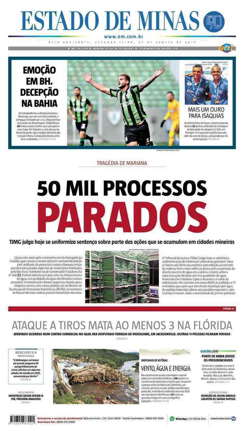 Confira a Capa do Jornal Estado de Minas do dia 27/08/2018(foto: Estado de Minas)