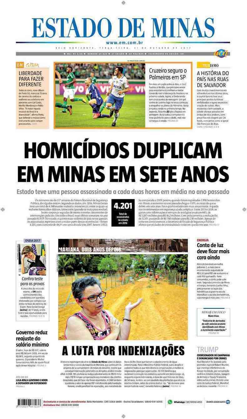 Confira a Capa do Jornal Estado de Minas do dia 31/10/2017