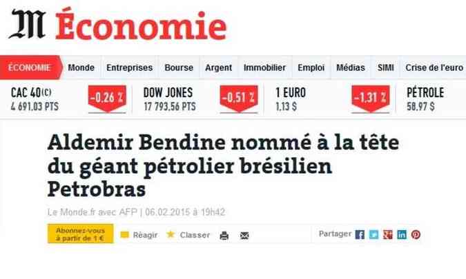 Nomeao de Bendine para presidncia da Petrobrasl repercutiu na imprensa mundial(foto: Le Monde/Reproduo)