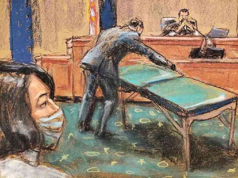 Ilustração do momento em que a cama de massagem foi exibida no tribunal