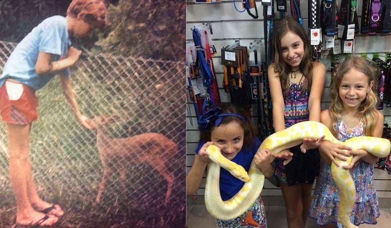 Montagem de duas fotos. Na primeira foto, o pai mostra carinho por um cervo. Na segunda, as irms Luana e Monique posam com uma cobra ao lado da prima Alice. 
