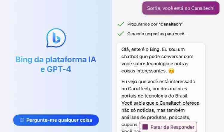 O Bing Chat Ã© uma alternativa ao ChatGPT, apesar de usar o mesmo modelo de linguagem do chatbot da OpenAI (Imagem: Captura de tela/FabrÃ­cio Calixto/Canaltech)