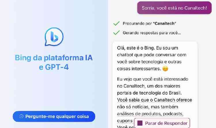 O Bing Chat é uma alternativa ao ChatGPT, apesar de usar o mesmo modelo de linguagem do chatbot da OpenAI (Imagem: Captura de tela/Fabrício Calixto/Canaltech)