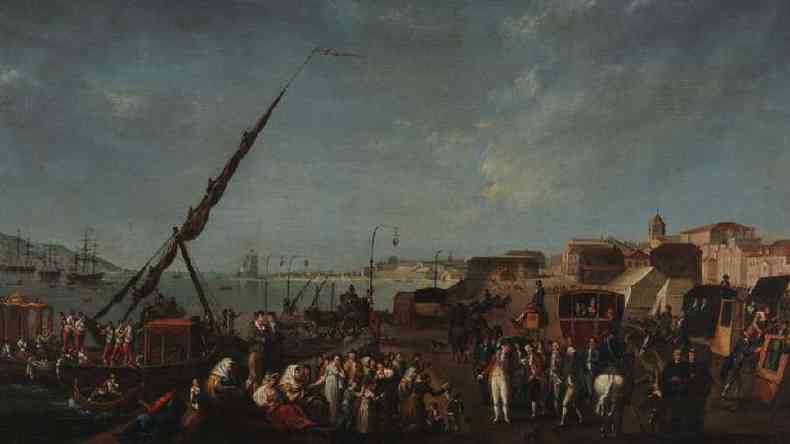 Embarque da famlia real portuguesa para o Brasil em pintura atribuda a Nicolas-Louis-Albert Delerive