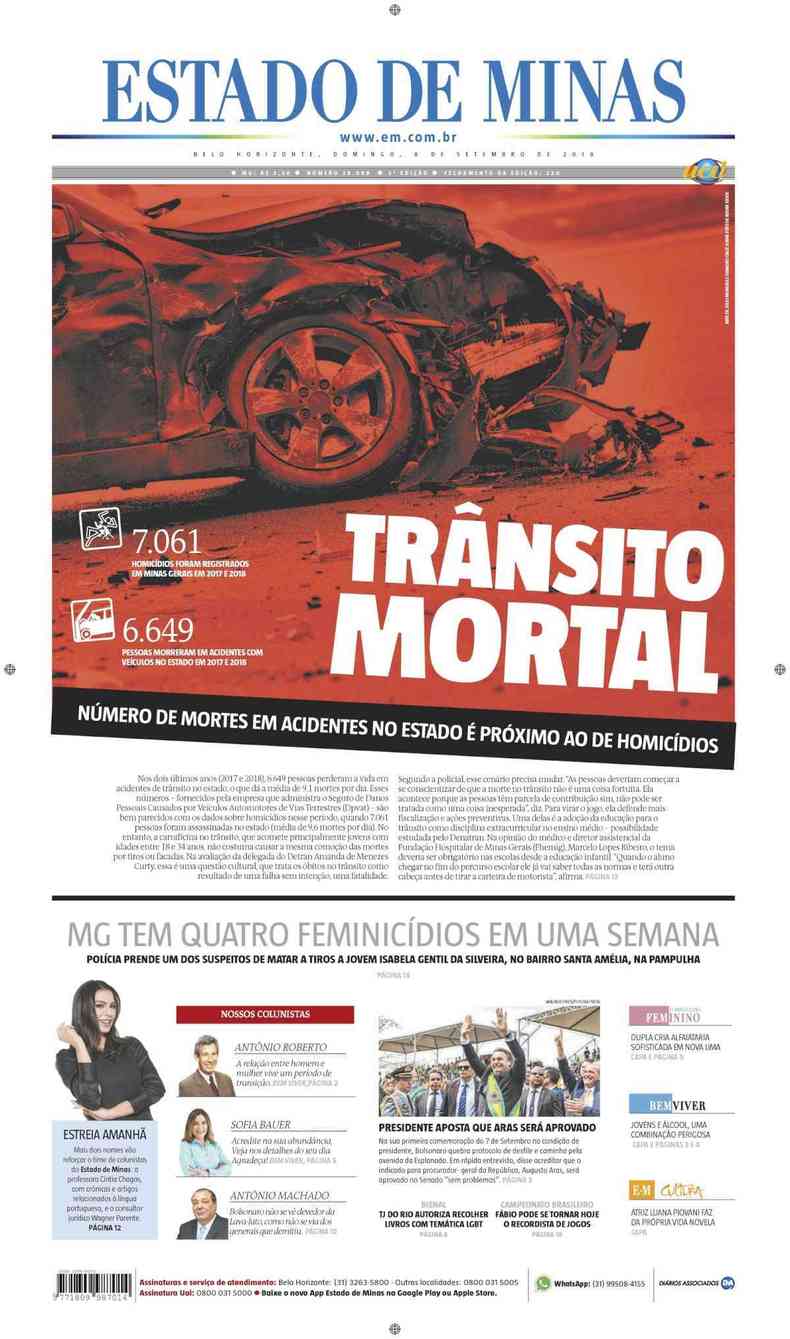 Confira a Capa do Jornal Estado de Minas do dia 08/09/2019(foto: Estado de Minas)