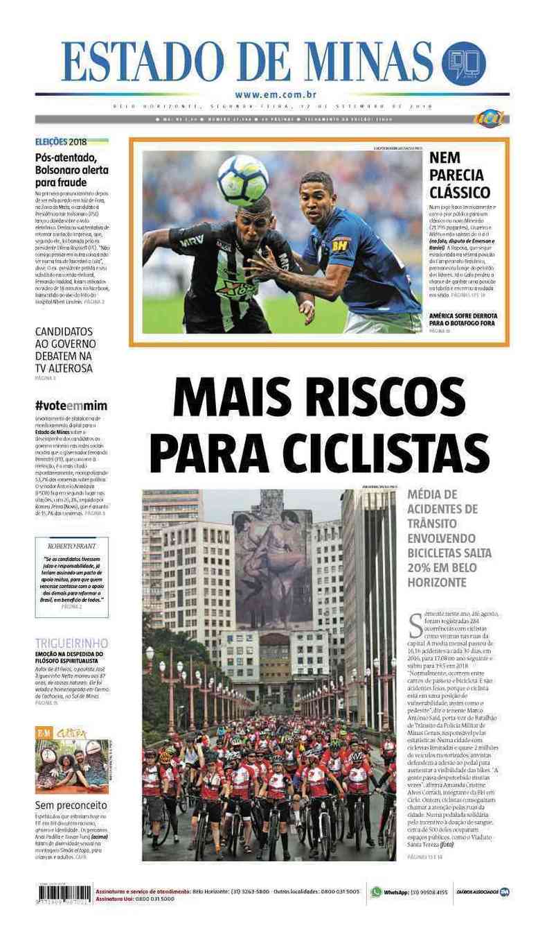 Confira a Capa do Jornal Estado de Minas do dia 17/09/2018(foto: Estado de Minas)