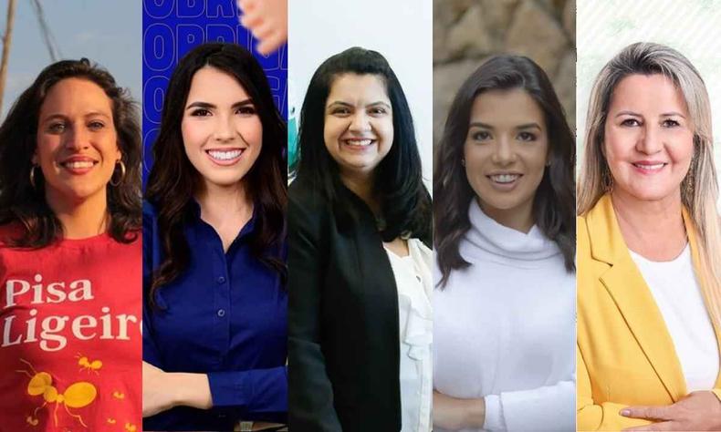 Bella Gonçalves (PSOL), Maria Clara Marra (DC), Alê Portela (PL), Chiara Biondini (PP) e Marli Ribeiro (PSC) (foto: EM/Montagem) Montagem com os retratos de Bella Gonçalves (PSOL), Maria Clara Marra (DC), Alê Portela (PL), Chiara Biondini (PP) e Marli Ribeiro (PSC)