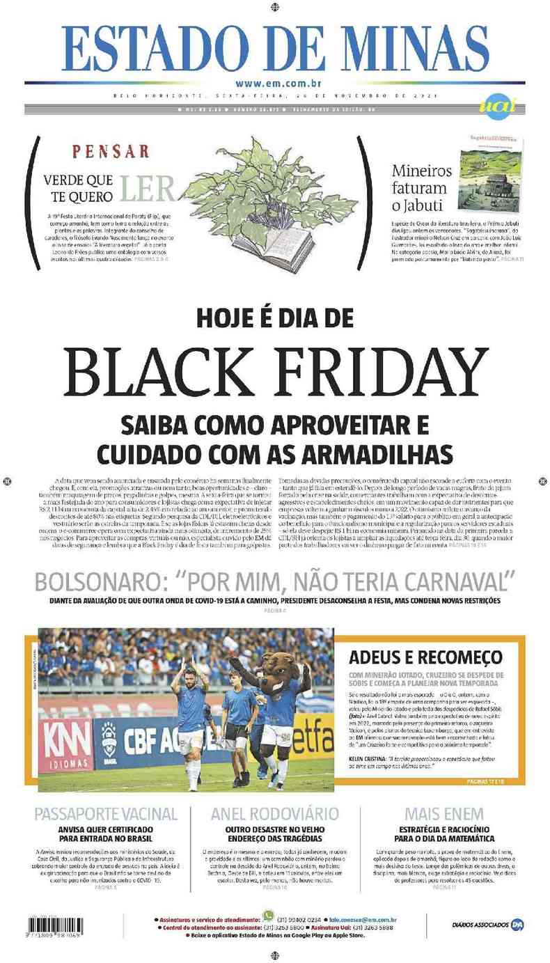 Confira a Capa do Jornal Estado de Minas do dia 26/11/2021
