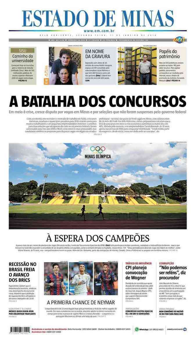 Confira a Capa do Jornal Estado de Minas do dia 11/01/2016