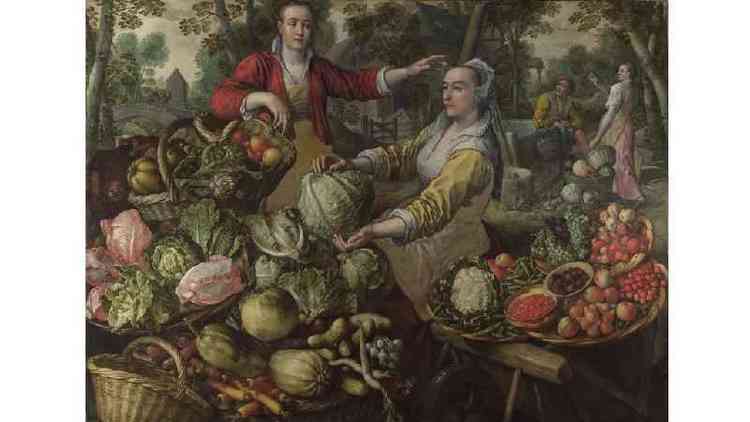 'Os Quatro Elementos - Terra', de Joachim Beuckelaer, mostra uma cena de duas mulheres cercadas por vegetais