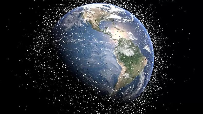 Vista espacial de satlites orbitando em volta da Terra 