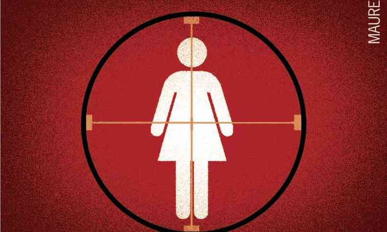 Ilustrao mostra figura feminina na mira de uma arma, sob fundo vermelho