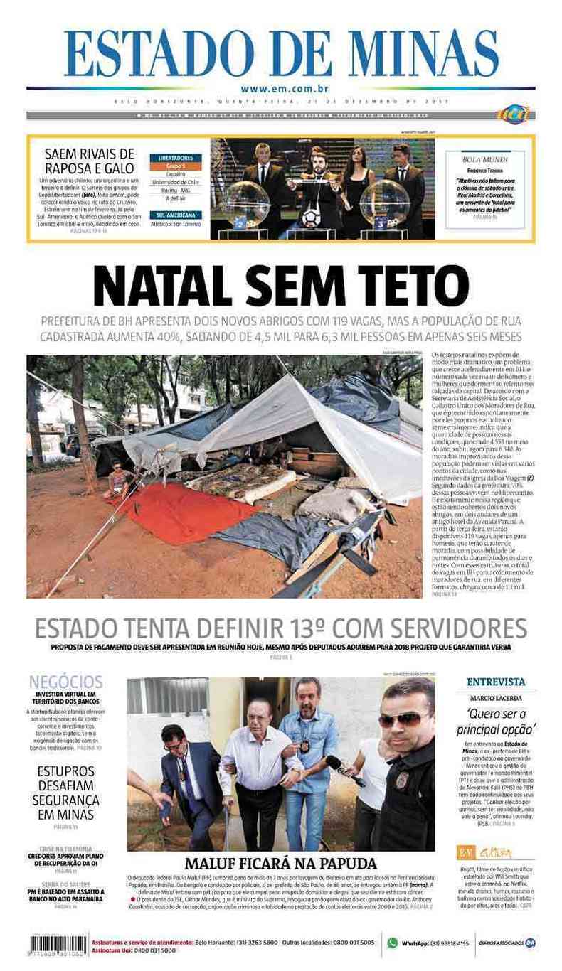 Confira a Capa do Jornal Estado de Minas do dia 21/12/2017