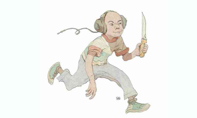 Ilustrao do Lelis mostra homem correndo com faca na mo